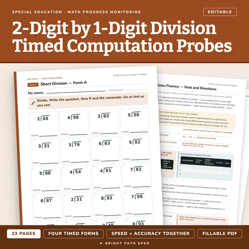 2-Digit by 1-Digit Division Fluency, Timed Progress Monitoring Probes, image 1 of 4