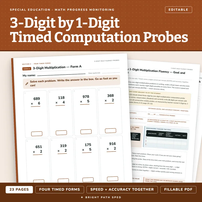 3-Digit by 1-Digit Multiplication Fluency, Timed Progress Monitoring Probes, image 1 of 4