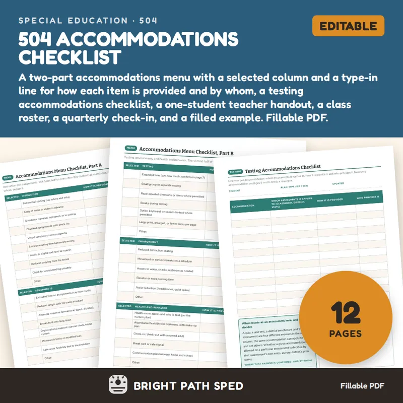 504 Accommodations Checklist Editable, image 1 of 4