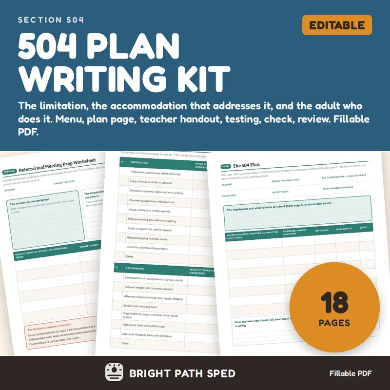 504 Plan Template Accommodations Checklist Teacher Handout, image 1 of 4
