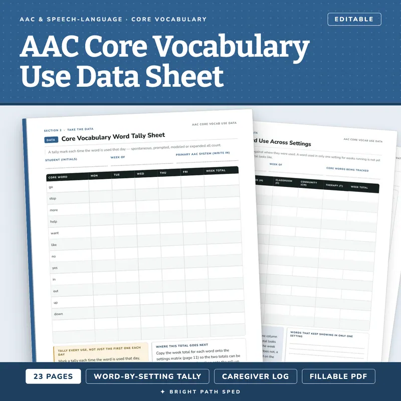 AAC Core Vocabulary Use Data Sheet Editable, image 1 of 4