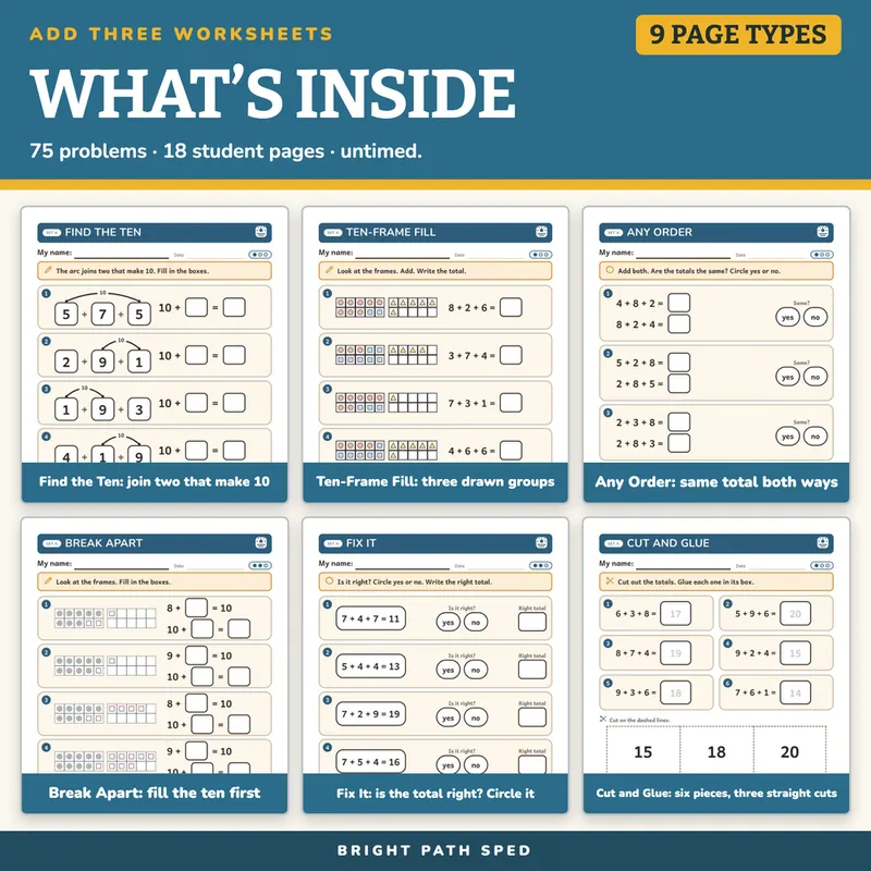 Add Three Numbers and Make a Ten Worksheets, image 2 of 4