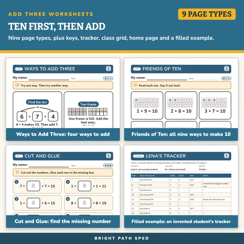 Add Three Numbers and Make a Ten Worksheets, image 3 of 4