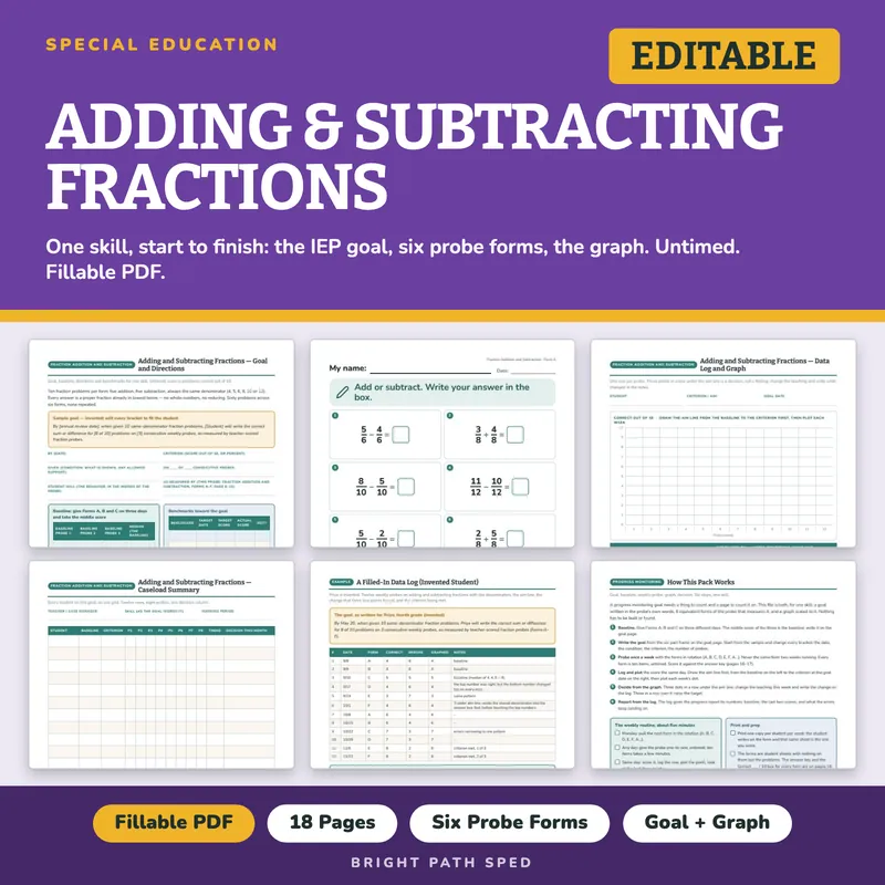Adding and Subtracting Fractions Like Denominators Progress Monitoring Probes, image 1 of 4