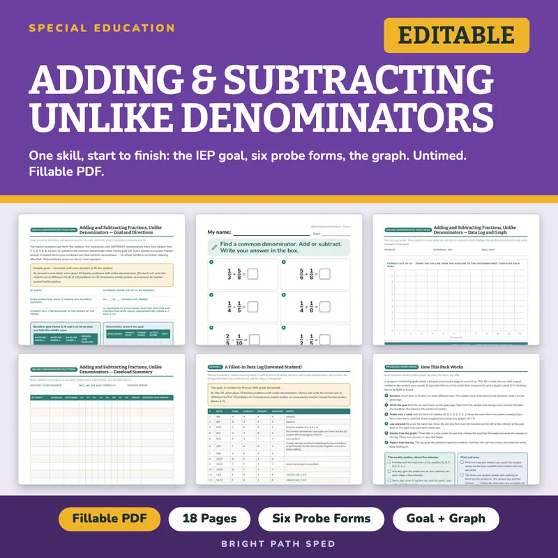 Adding and Subtracting Fractions Unlike Denominators Progress Monitoring Probes, image 1 of 4