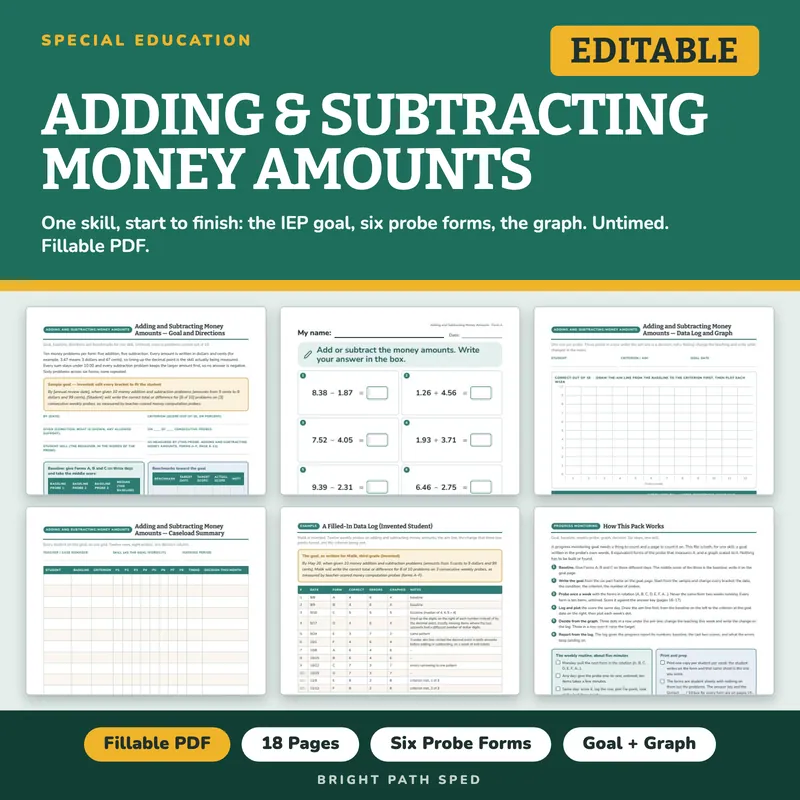 Adding and Subtracting Money Amounts Progress Monitoring Probes, image 1 of 4