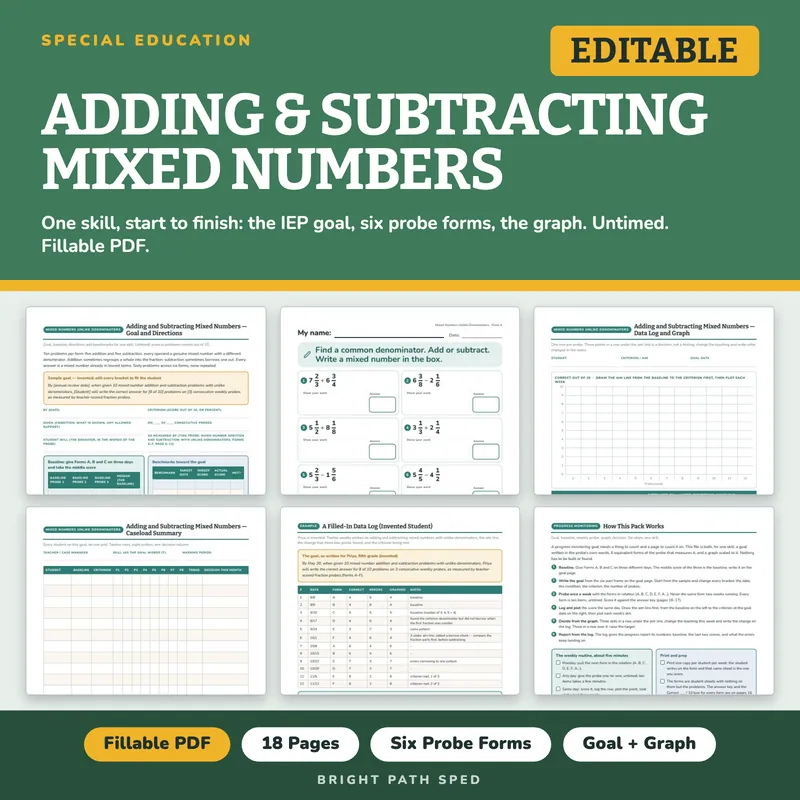 Adding/Subtracting Mixed Numbers Unlike Denominators Progress Monitoring Probes, image 1 of 4