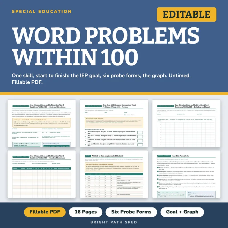 Addition and Subtraction Word Problems Within 100 Progress Monitoring Probes, image 1 of 4
