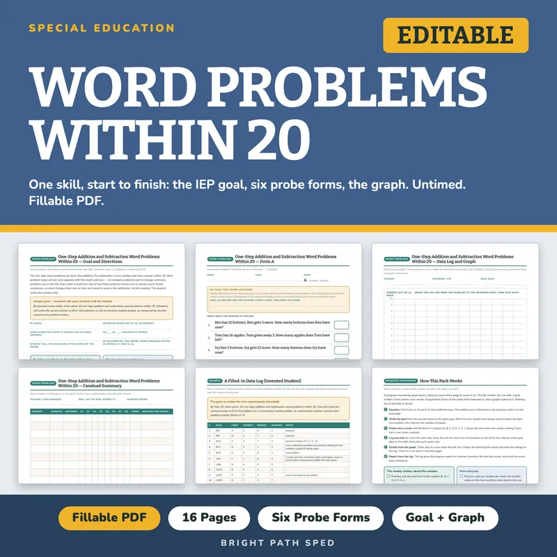 Addition and Subtraction Word Problems Within 20 Progress Monitoring Probes, image 1 of 4