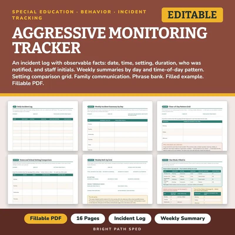 Aggressive Monitoring Tracker Special Education Editable, image 1 of 4