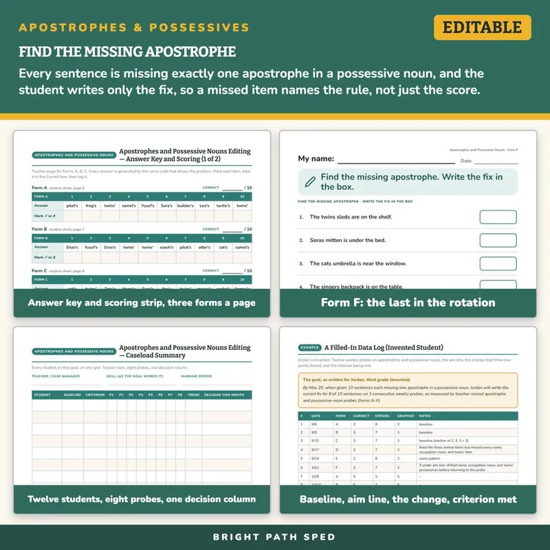 Apostrophes and Possessive Nouns Editing Progress Monitoring Probes, image 3 of 4