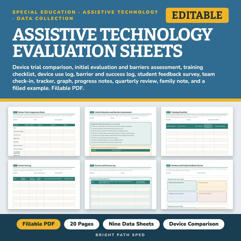 Assistive Technology Evaluation and Progress Monitoring Sheets Editable, image 1 of 4