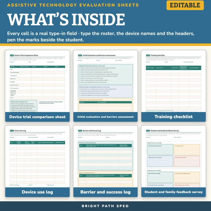 Assistive Technology Evaluation and Progress Monitoring Sheets Editable, image 2 of 4