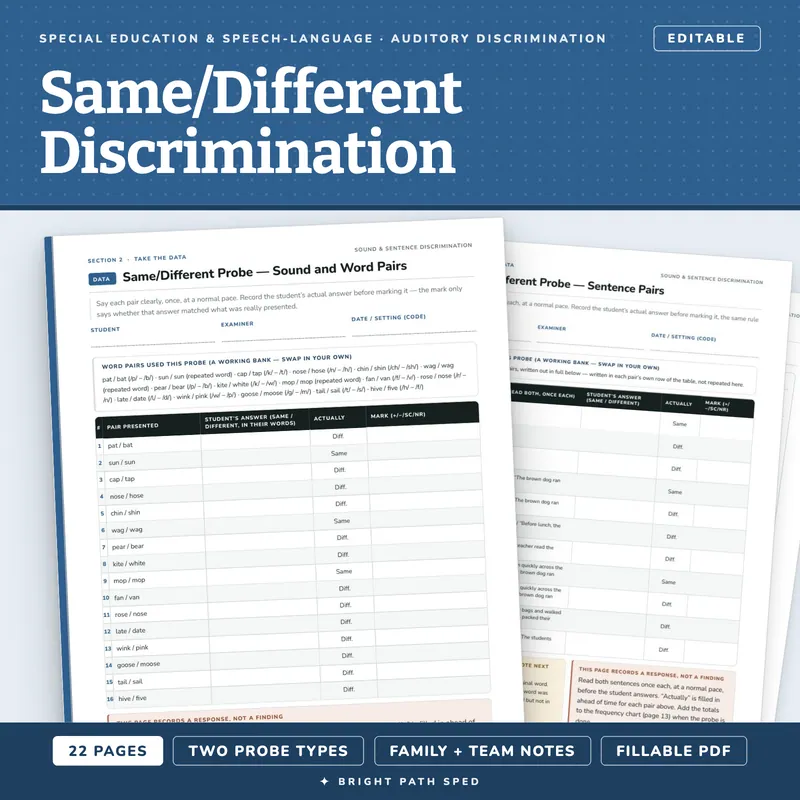 Auditory Discrimination Data Sheets Editable, image 1 of 4