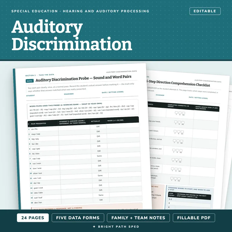 Auditory Processing and Discrimination Data Sheets Editable, image 1 of 4