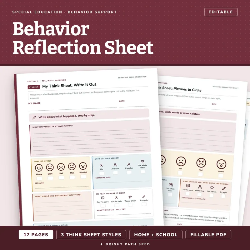 Behavior Reflection Sheet Editable, image 1 of 4