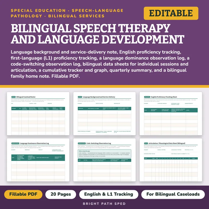 Bilingual Speech Therapy Data Sheets Editable, image 1 of 4
