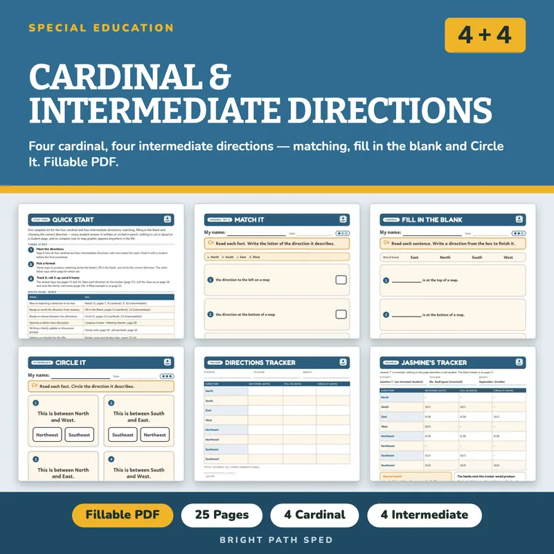 Cardinal and Intermediate Directions Worksheets K-2, image 1 of 4