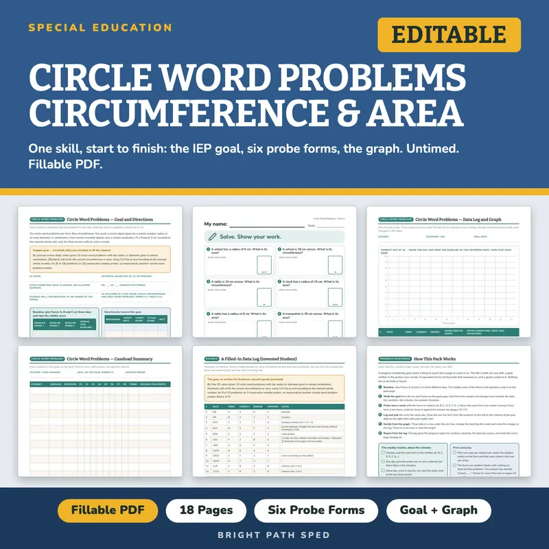 Circle Word Problems Circumference & Area Progress Monitoring Probes, image 1 of 4