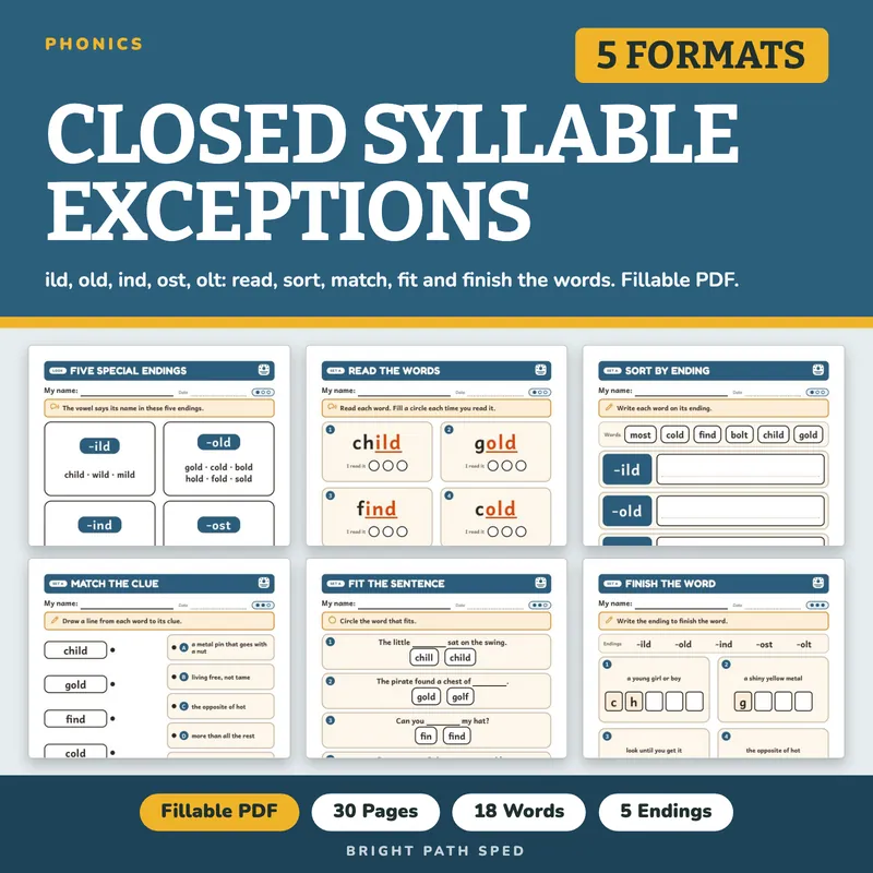 Closed Syllable Exceptions Worksheets, image 1 of 4