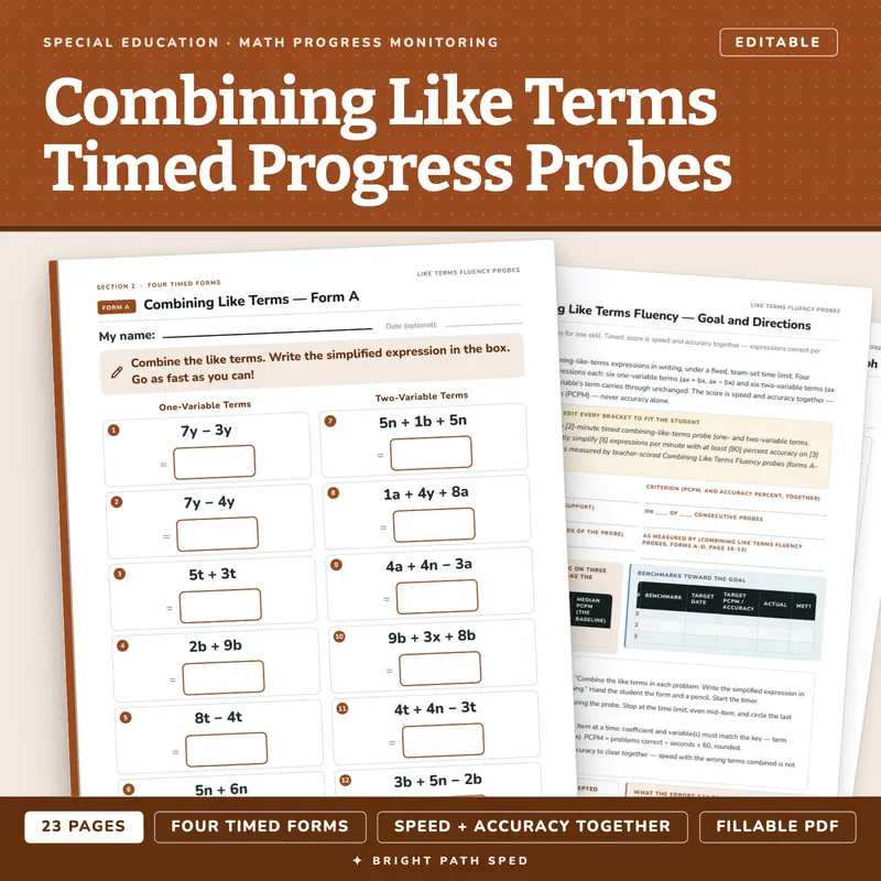 Combining Like Terms Fluency, Timed Progress Monitoring Probes, image 1 of 4