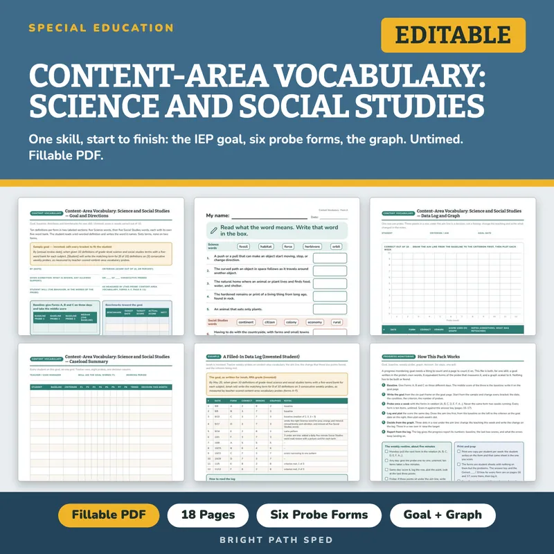 Content Area Vocabulary Science and Social Studies Progress Monitoring Probes, image 1 of 4