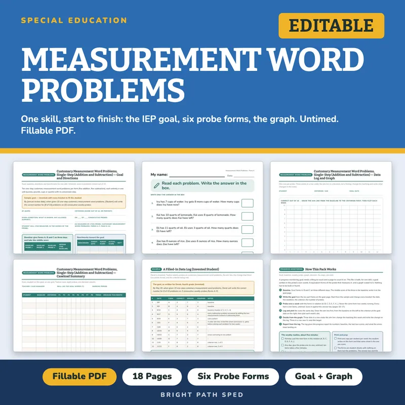 Customary Measurement Word Problems Progress Monitoring Probes, image 1 of 4