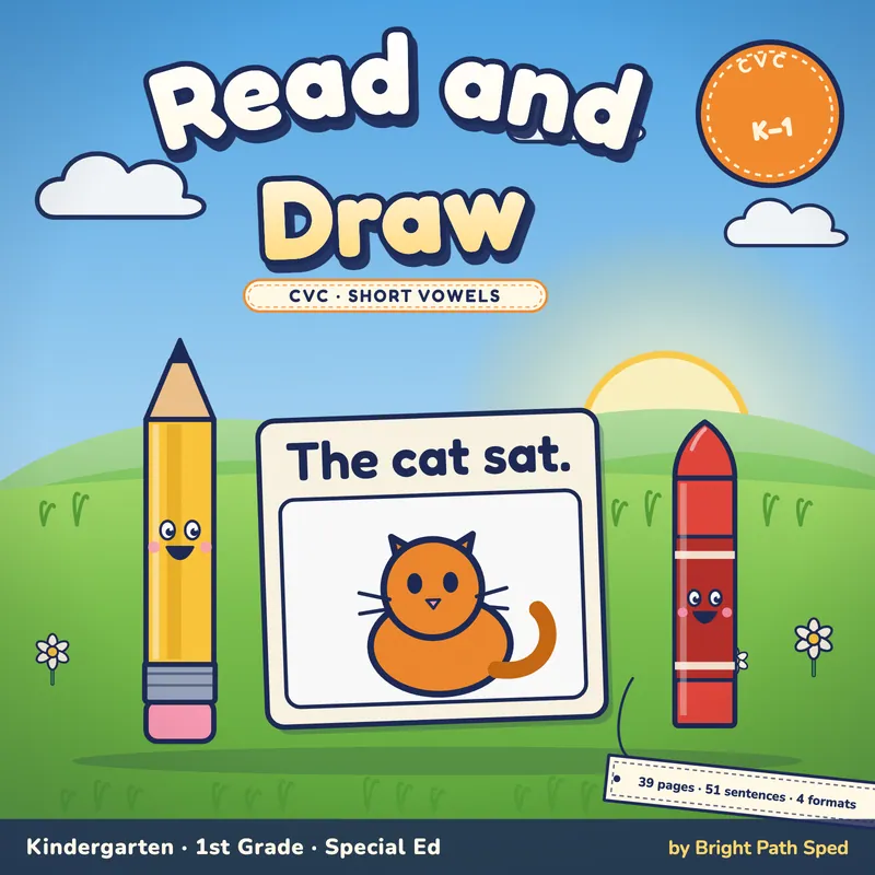 CVC Read and Draw Worksheets, Short Vowels, Kindergarten 1st, image 1 of 4
