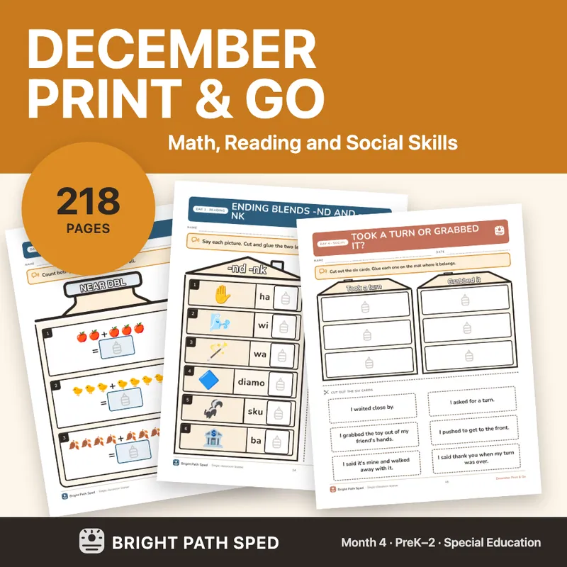 December Print and Go Month 4 SPED Lesson Plans Math Reading Social Skills, image 1 of 4