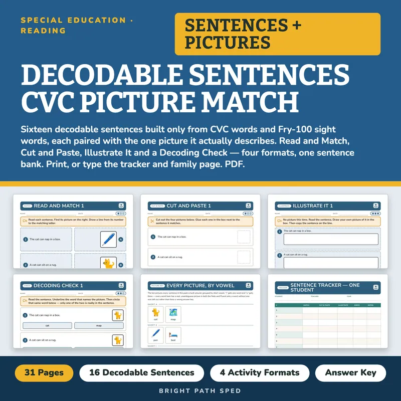 Decodable Sentences CVC Sentence-Picture Match Kindergarten 1st Grade, image 1 of 4