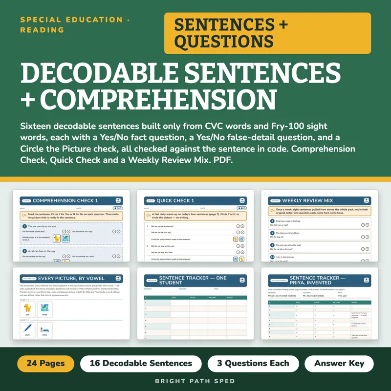 Decodable Sentences with Comprehension Questions Kindergarten 1st Grade, image 1 of 4
