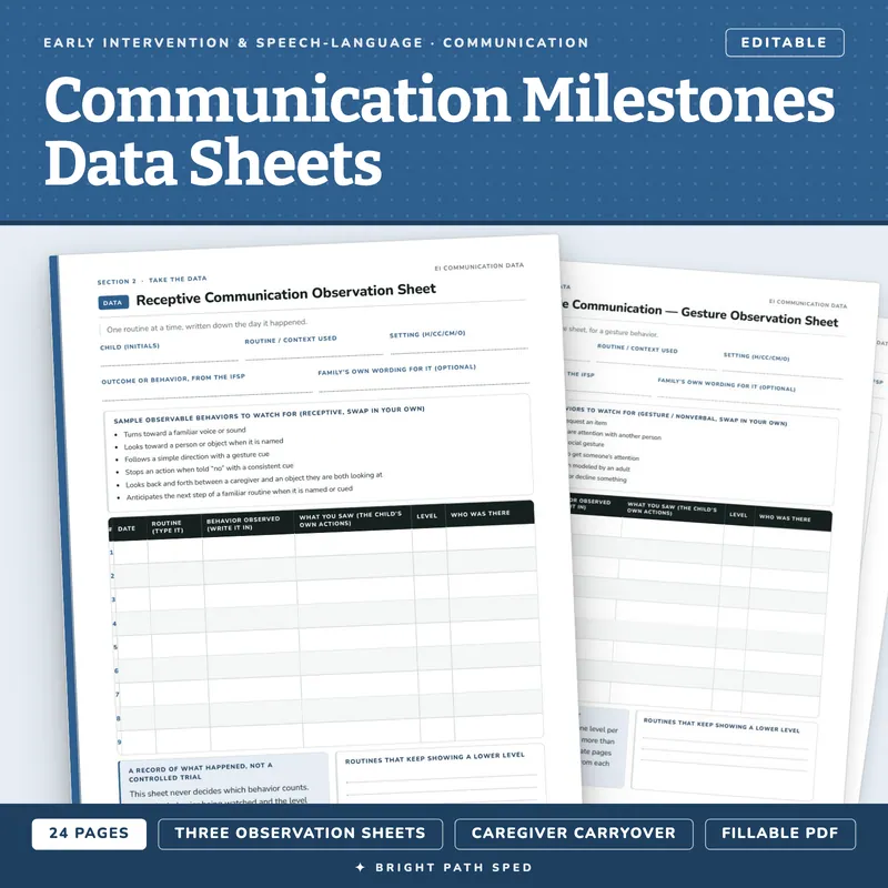 Early Intervention Communication Milestones Data Sheets Editable, image 1 of 4