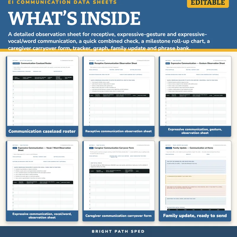 Early Intervention Communication Milestones Data Sheets Editable, image 2 of 4