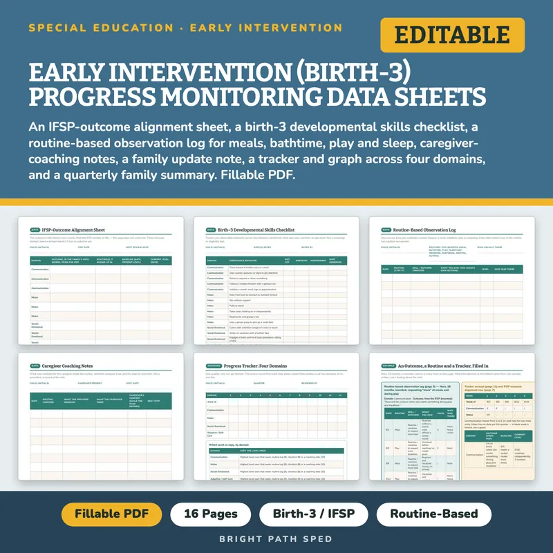 Early Intervention Progress Monitoring Data Sheets Editable, image 1 of 4
