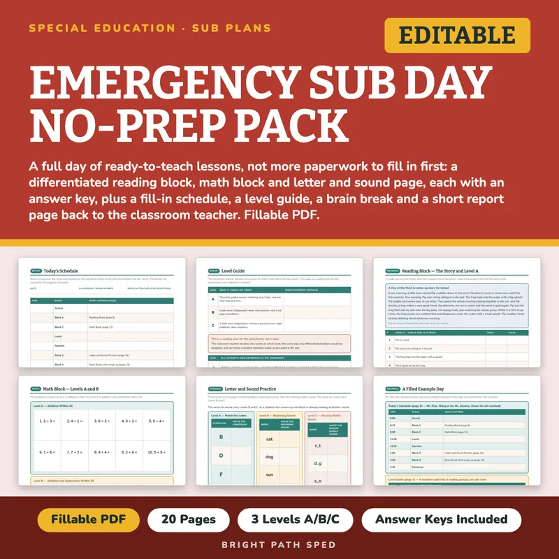 Emergency Sub Plans No Prep Day Pack Editable, image 1 of 4