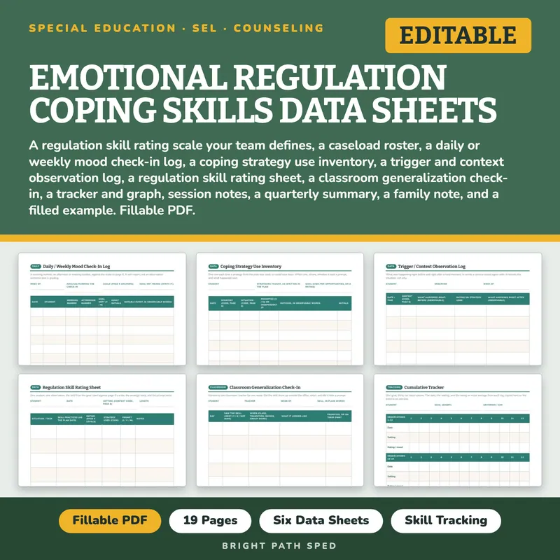Emotional Regulation Coping Skills Data Sheets Editable, image 1 of 4