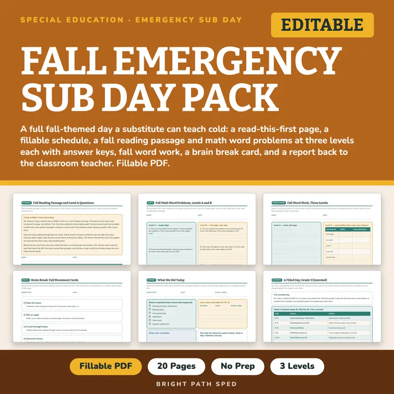 Fall Emergency Sub Plans No Prep Day Pack Editable, image 1 of 4