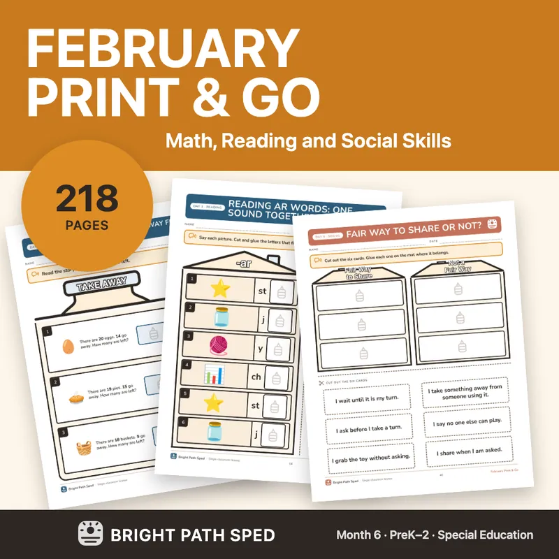 February Print and Go Month 6 SPED Lesson Plans Math Reading Social Skills, image 1 of 4