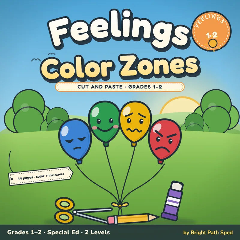 Feelings Color Zones Cut and Paste 1st 2nd Grade Emotional Regulation Special Ed, image 1 of 4