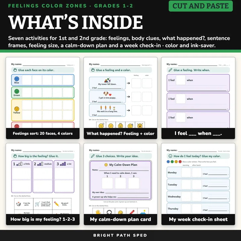 Feelings Color Zones Cut and Paste 1st 2nd Grade Emotional Regulation Special Ed, image 2 of 4