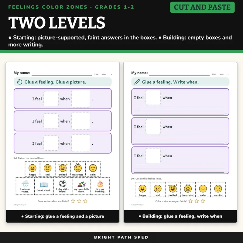 Feelings Color Zones Cut and Paste 1st 2nd Grade Emotional Regulation Special Ed, image 3 of 4