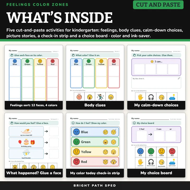 Feelings Color Zones Cut and Paste Kindergarten Emotional Regulation Special Ed, image 2 of 4