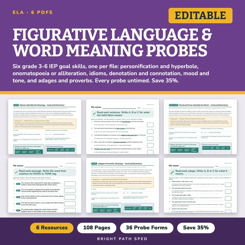 Figurative Language and Word Meaning Progress Monitoring Probes Bundle, image 1 of 3
