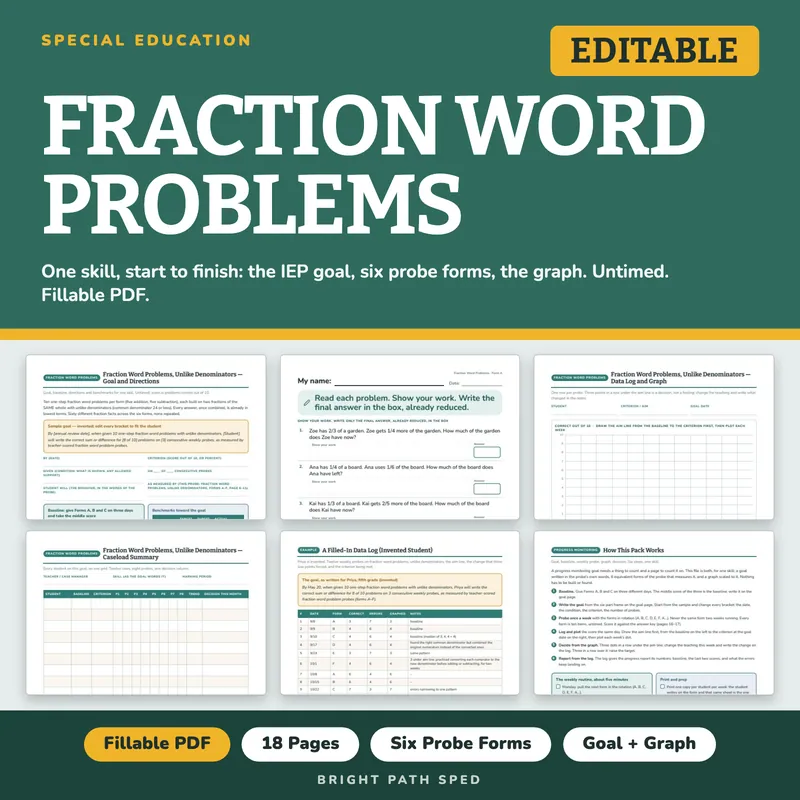 Fraction Word Problems Unlike Denominators Progress Monitoring Probes, image 1 of 4