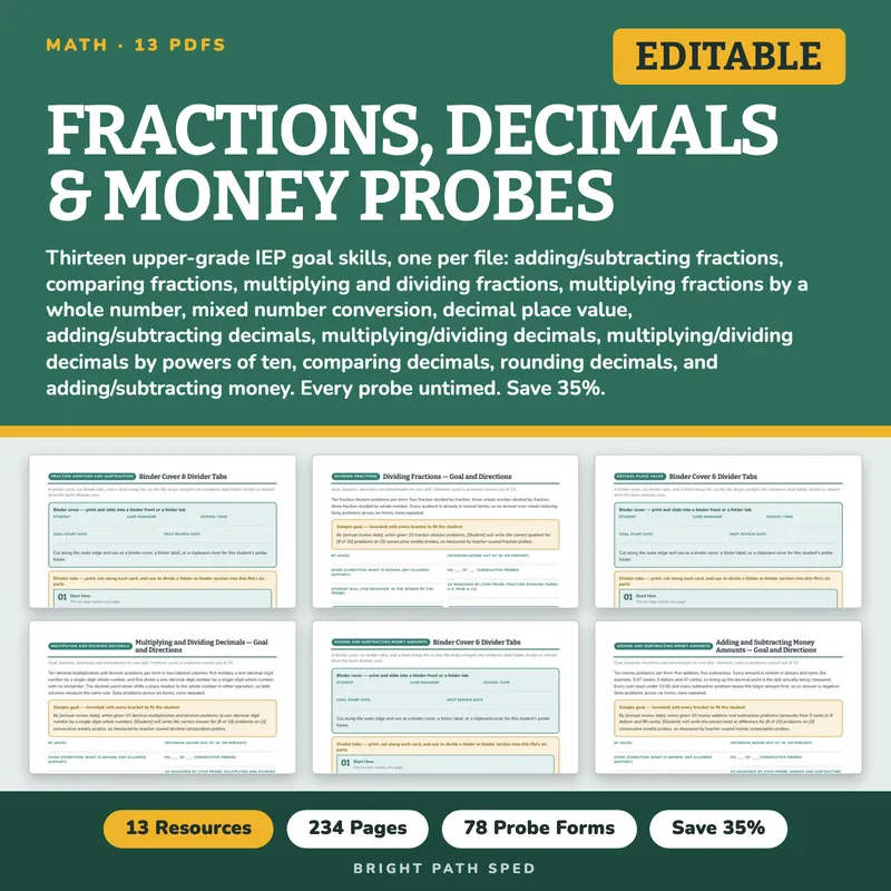 Fractions Decimals Money Progress Monitoring Probes Bundle, image 1 of 3
