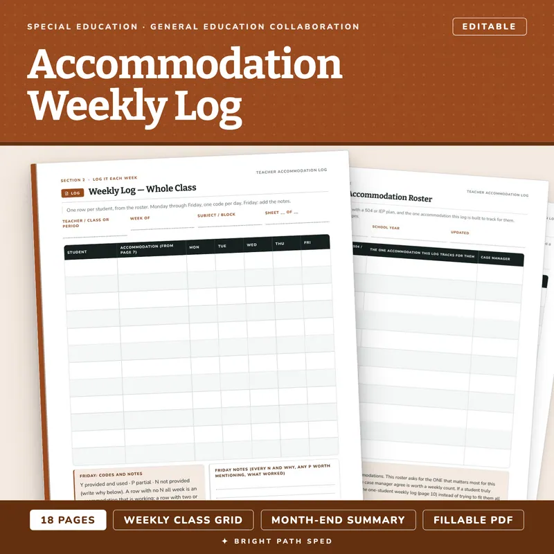 General Education Teacher Accommodation Implementation Weekly Log Editable, image 1 of 4