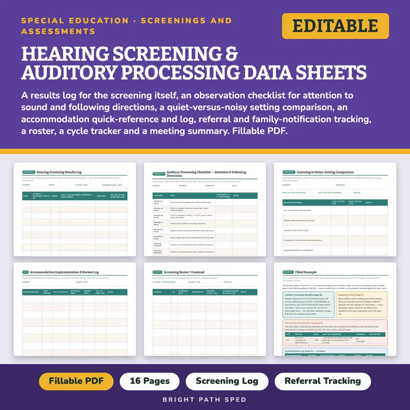 Hearing Screening and Auditory Processing Data Sheets Editable, image 1 of 4