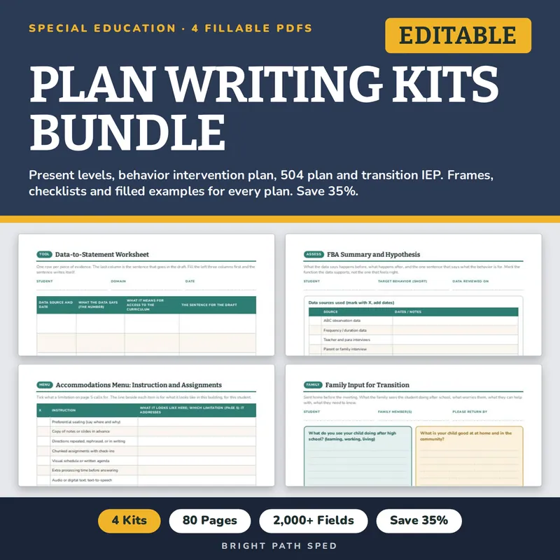 IEP Writing Kits Bundle Present Levels Behavior Plan 504 Transition, image 1 of 3