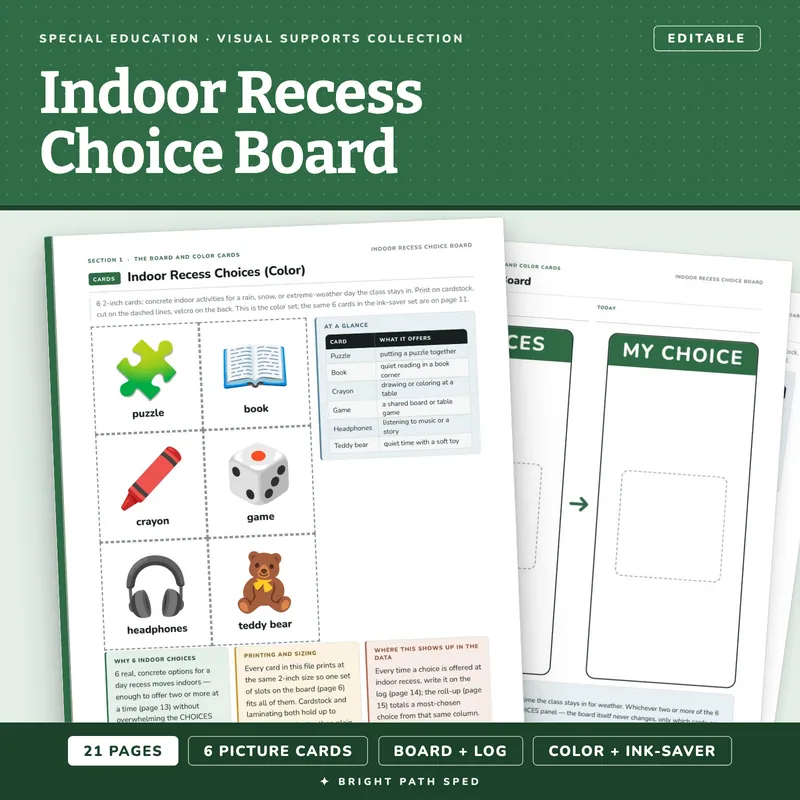 Indoor Recess Choice Board for Special Education, image 1 of 4