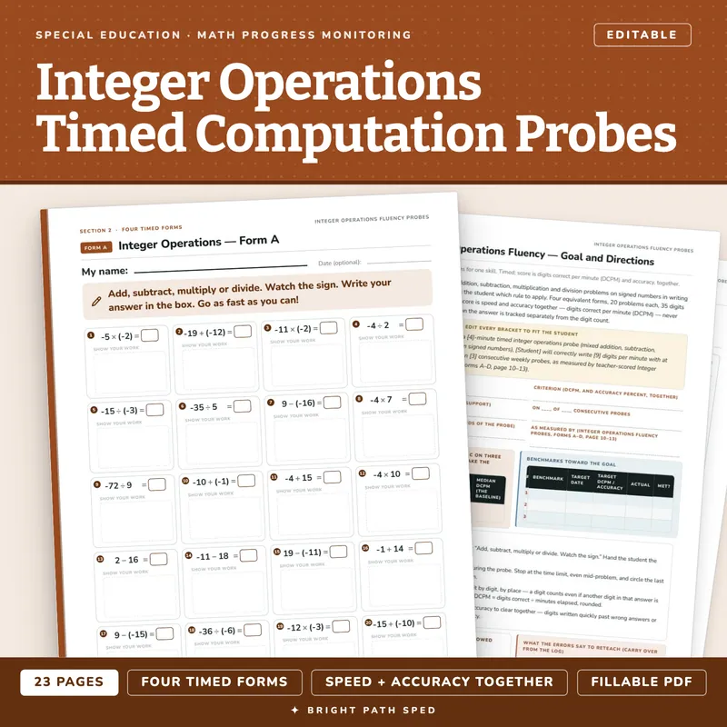 Integer Operations Fluency, Timed Progress Monitoring Probes, image 1 of 4